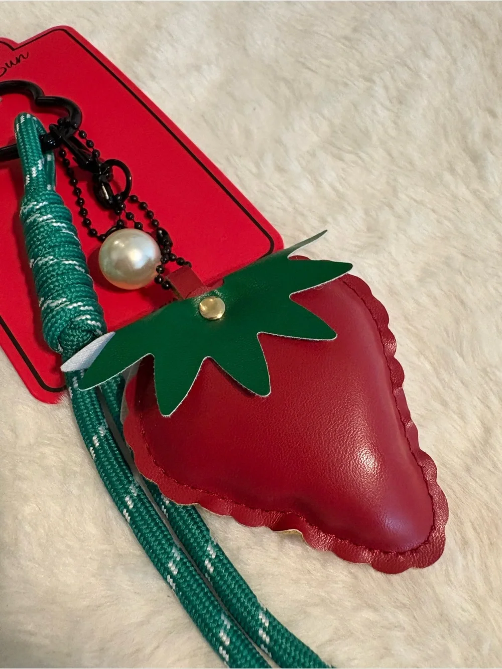 Red Strawberry Keychain with Green Tassel